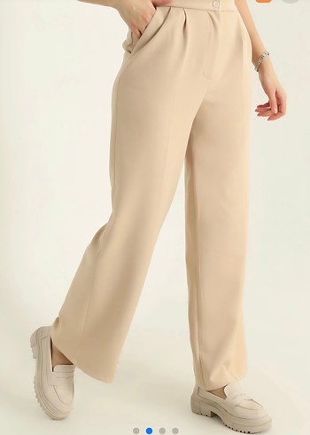 Bej Bel Lastik Garnili Palazzo Pantolon Kadın - Görsel 3