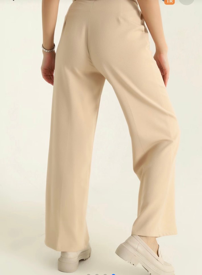 Bej Bel Lastik Garnili Palazzo Pantolon Kadın - Görsel 4
