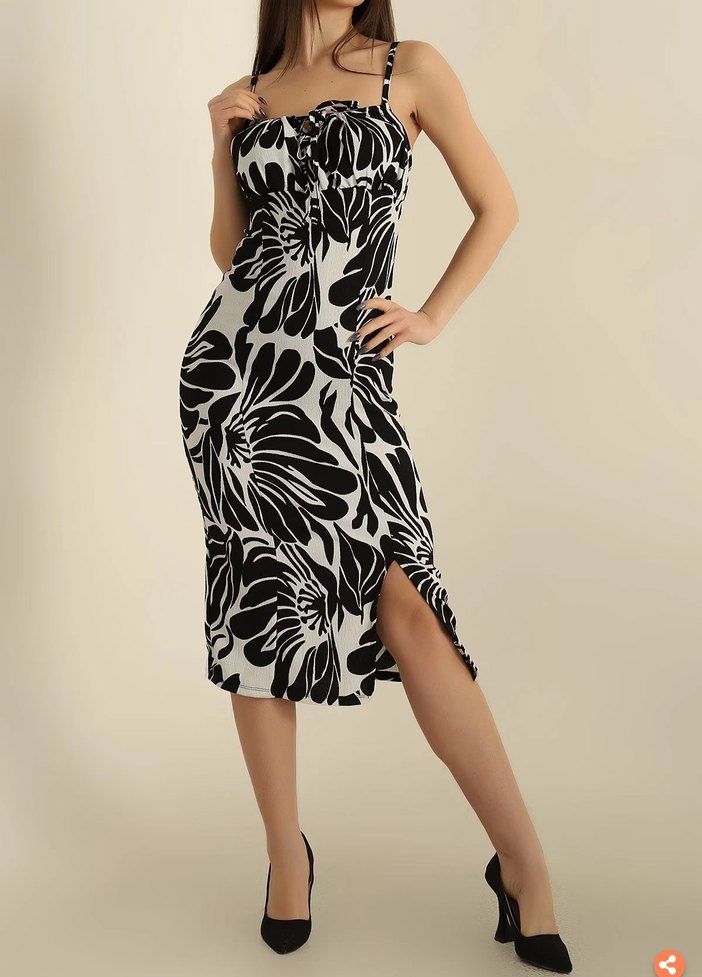 Desenli Midi Askılı Kalem Elbise - Görsel 3