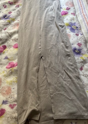 Bej Keten Uzun Drapeli Elbise - Görsel 3