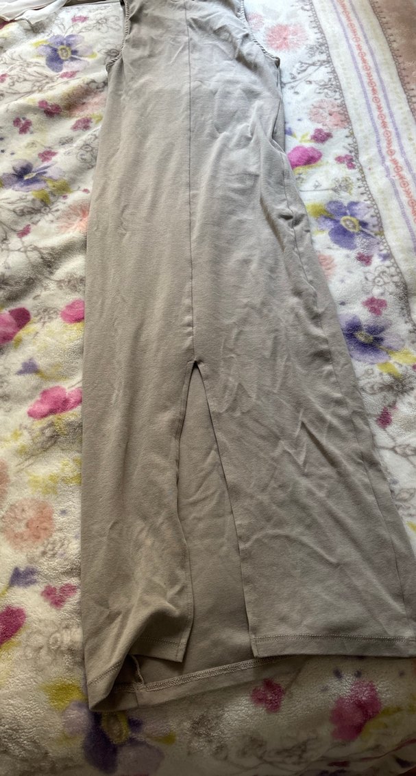 Bej Keten Uzun Drapeli Elbise - Görsel 3