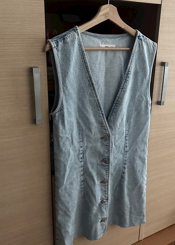 Düğmeli V Yakalı Kadın Kot elbise - Görsel 2