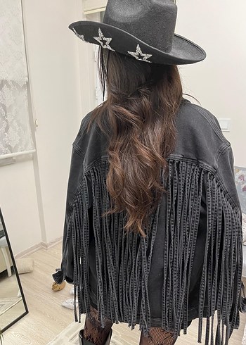 Mavi Püsküllü Siyah Uzun Kot Ceket - Görsel 3