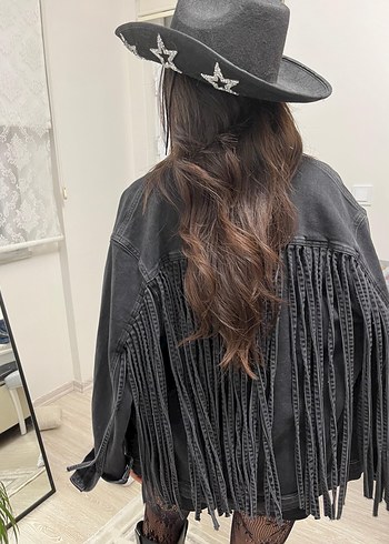 Mavi Püsküllü Siyah Uzun Kot Ceket - Görsel 2