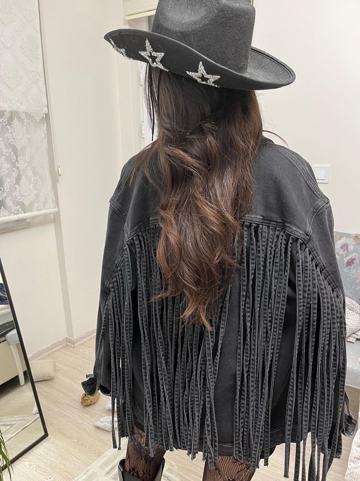 Mavi Püsküllü Siyah Uzun Kot Ceket - Görsel 3