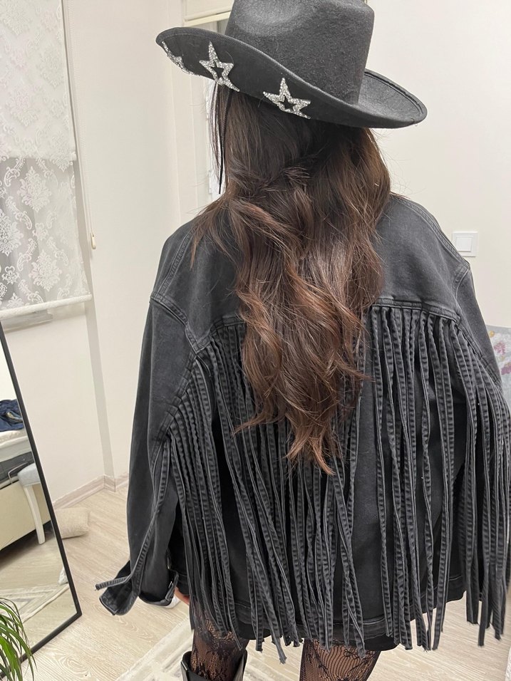 Mavi Püsküllü Siyah Uzun Kot Ceket - Görsel 2