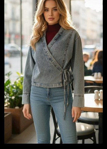 Gri Bağcıklı Kadın Denim Ceket - Görsel 5