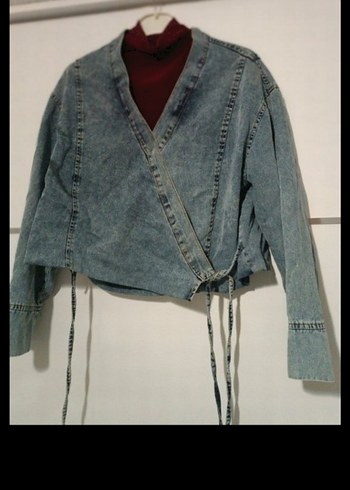 Gri Bağcıklı Kadın Denim Ceket - Görsel 4