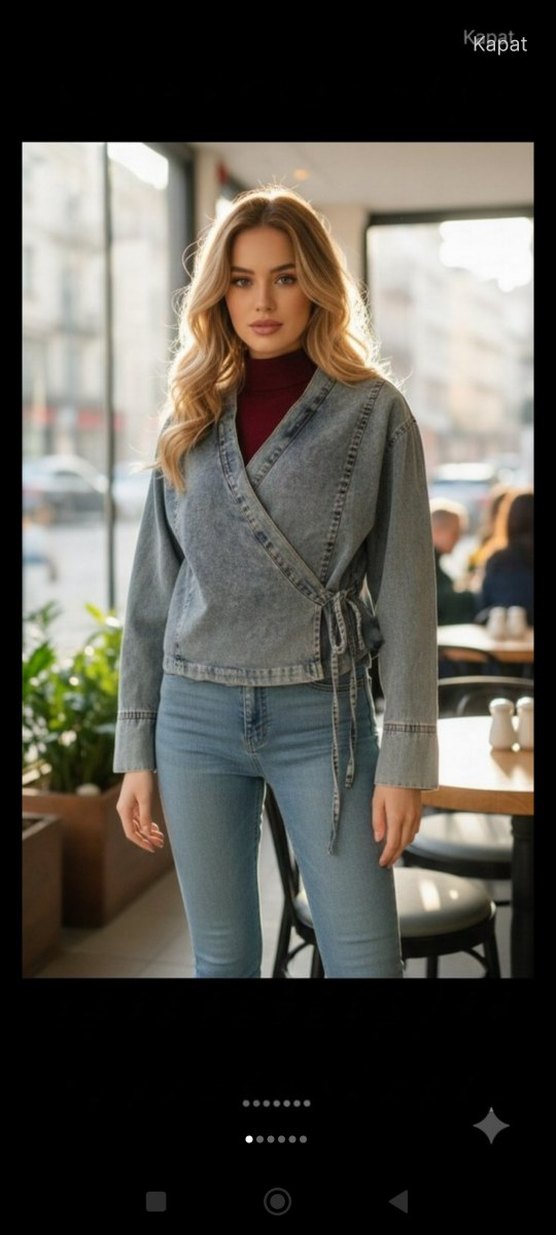 Gri Bağcıklı Kadın Denim Ceket - Görsel 5