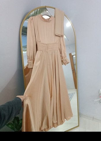 Bej Uzun Kollu Drapeli Kadın Elbise - Görsel 2