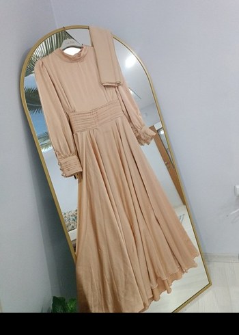 Bej Uzun Kollu Drapeli Kadın Elbise - Görsel 4