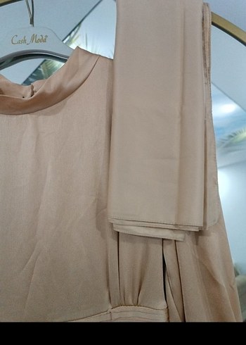 Bej Uzun Kollu Drapeli Kadın Elbise - Görsel 3