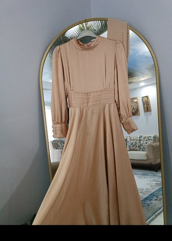 Bej Uzun Kollu Drapeli Kadın Elbise - Görsel 6