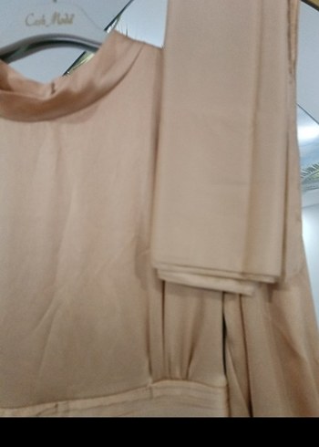 Bej Uzun Kollu Drapeli Kadın Elbise - Görsel 5