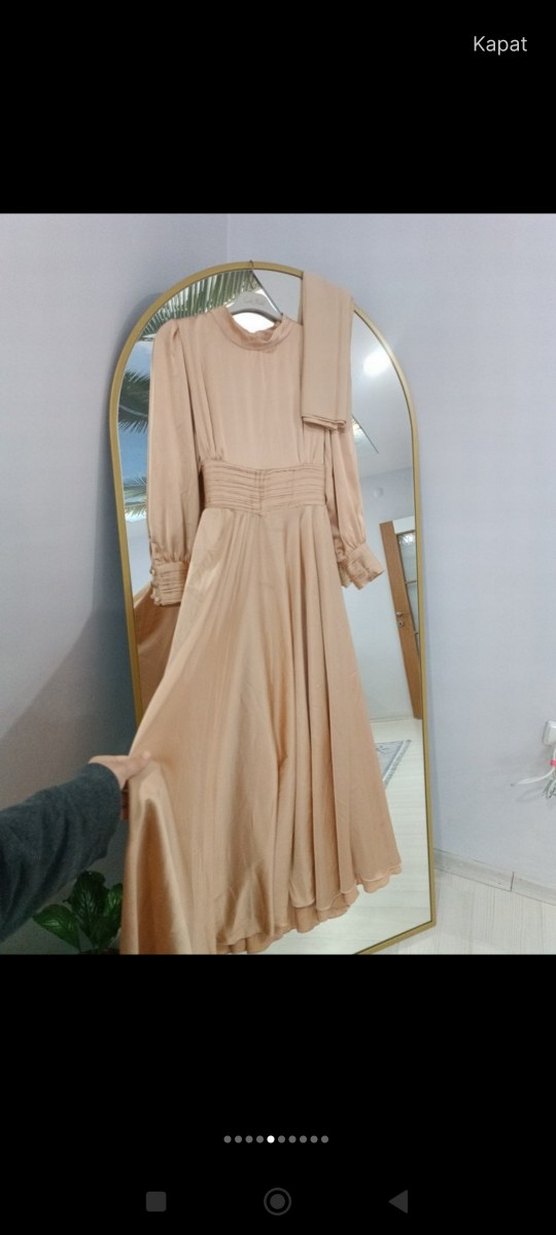 Bej Uzun Kollu Drapeli Kadın Elbise - Görsel 2