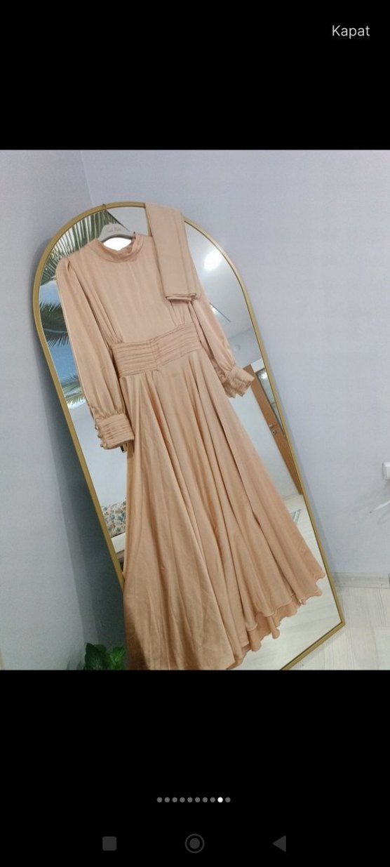 Bej Uzun Kollu Drapeli Kadın Elbise - Görsel 4