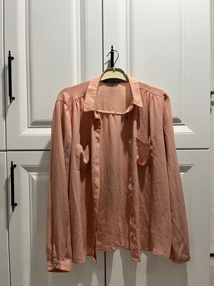 Pembe Keten Düğmeli Uzun Kollu Gömlek - Görsel 2