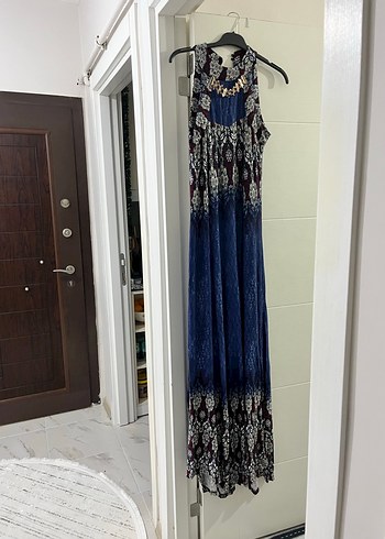 Desenli Drapeli Lacivert Uzun Bohem Elbise - Görsel 4