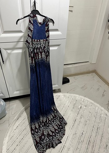 Desenli Drapeli Lacivert Uzun Bohem Elbise - Görsel 3