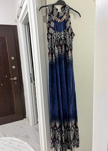 Desenli Drapeli Lacivert Uzun Bohem Elbise - Görsel 5