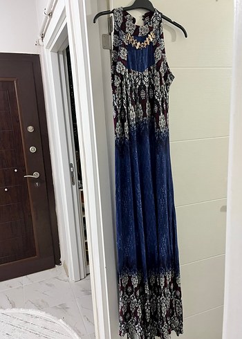 Desenli Drapeli Lacivert Uzun Bohem Elbise - Görsel 6