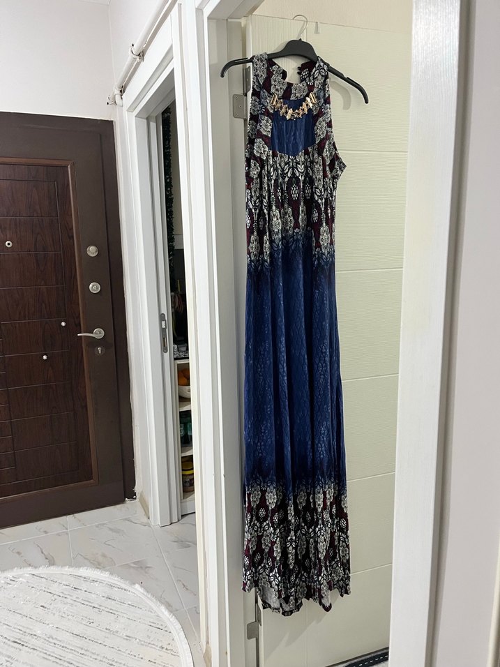 Desenli Drapeli Lacivert Uzun Bohem Elbise - Görsel 4