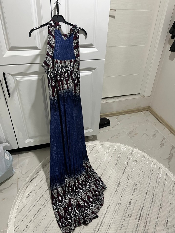 Desenli Drapeli Lacivert Uzun Bohem Elbise - Görsel 3