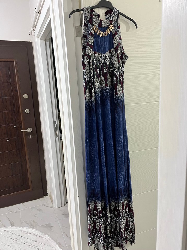 Desenli Drapeli Lacivert Uzun Bohem Elbise - Görsel 5