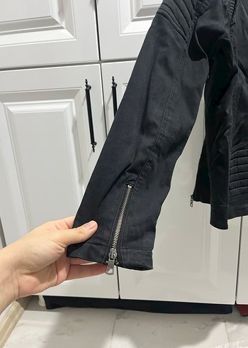 Kemerli Siyah Deri Biker Ceket - Görsel 9