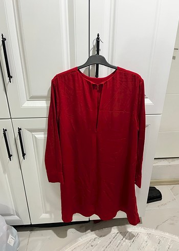 Kırmızı Uzun Kollu Salaş Midi Tunik - Görsel 3