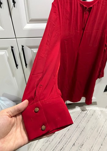 Kırmızı Uzun Kollu Salaş Midi Tunik - Görsel 5