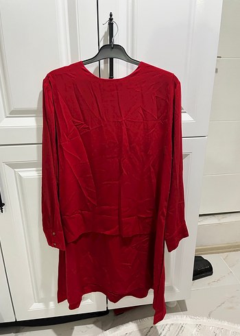 Kırmızı Uzun Kollu Salaş Midi Tunik - Görsel 2