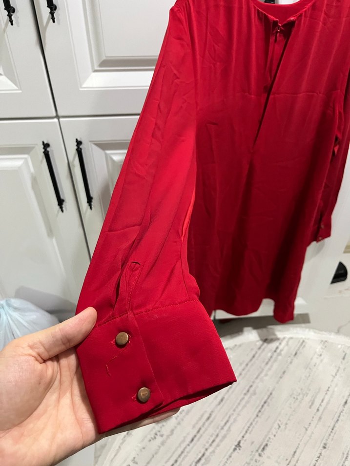 Kırmızı Uzun Kollu Salaş Midi Tunik - Görsel 5