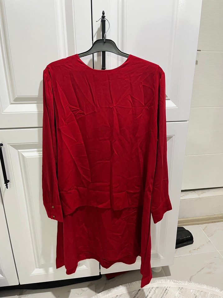 Kırmızı Uzun Kollu Salaş Midi Tunik - Görsel 2