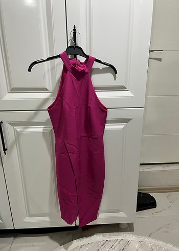 Kadın Pembe Uzun Yüksek Yakalı Elbise - Görsel 3