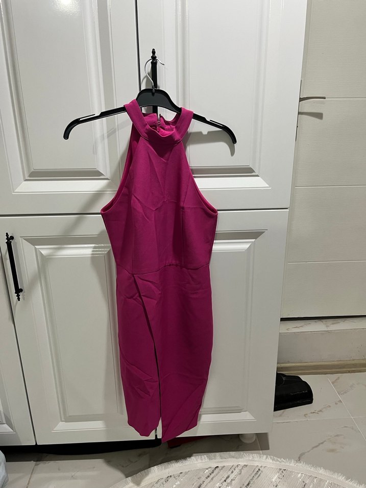 Kadın Pembe Uzun Yüksek Yakalı Elbise - Görsel 3