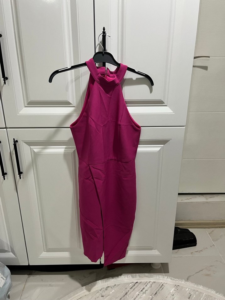 Kadın Pembe Uzun Yüksek Yakalı Elbise - Görsel 2