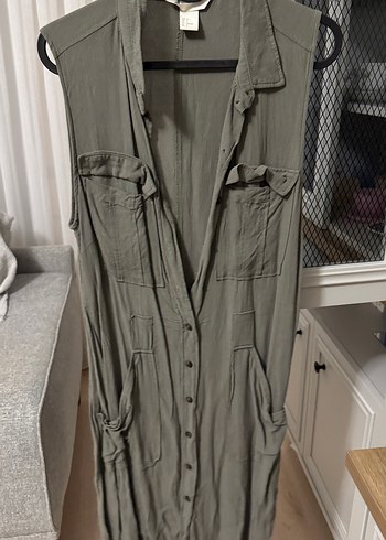 H&M Viskon Kumaşlı haki Midi Kolsuz Elbise