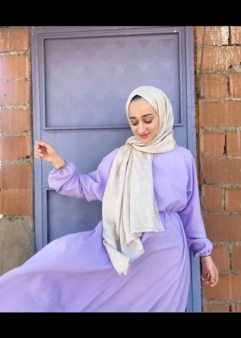 Uzun Kollu Mor Keten Elbise - Görsel 4