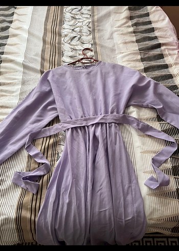 Uzun Kollu Mor Keten Elbise - Görsel 3