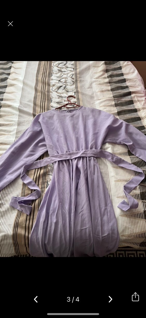 Uzun Kollu Mor Keten Elbise - Görsel 3