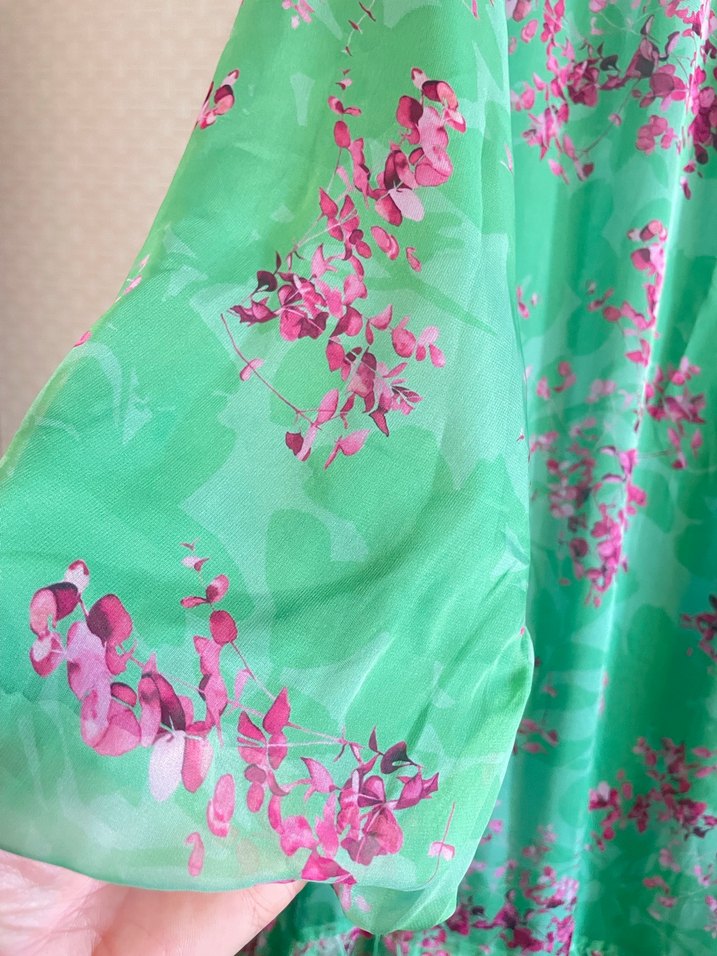 Yeşil Çiçekli Uzun Fırfırlı Elbise - Görsel 2