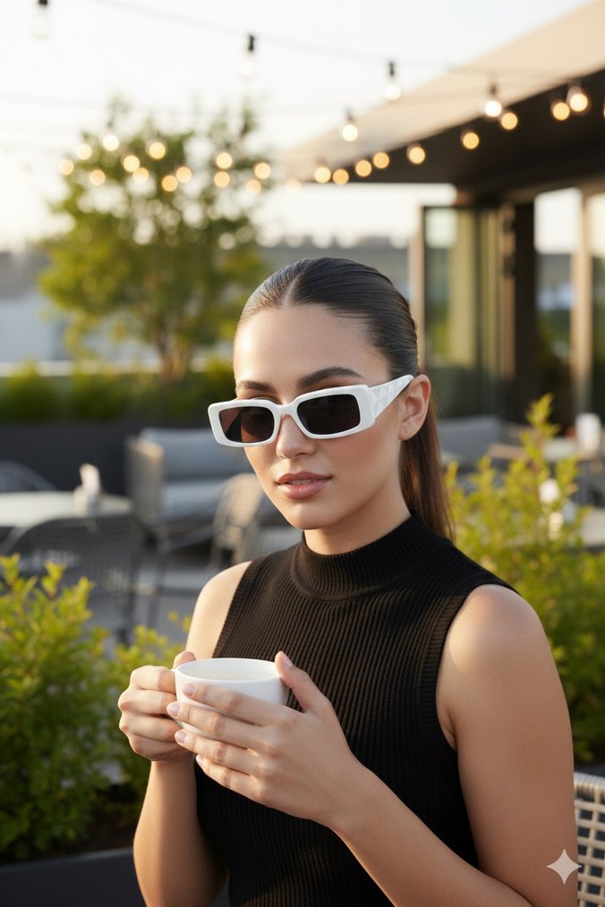 Beyaz Dikdörtgen Sokak Stili Güneş Gözlüğü - Görsel 2