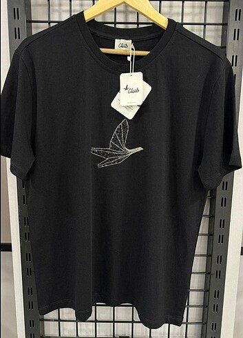 m Beden siyah Renk Beymen club siyah taşlı kuş işleme tişört 