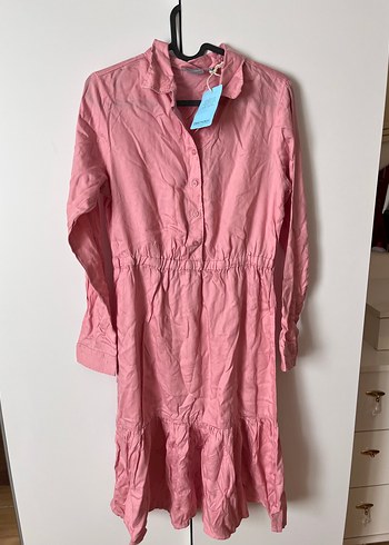 Düğmeli Pembe Uzun Keten Elbise