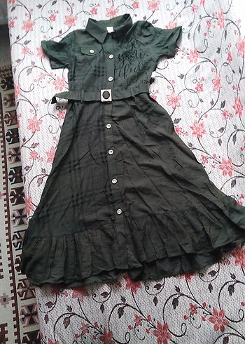 Kemerli Haki Keten Vintage Elbise - Görsel 3