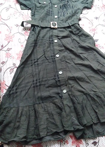 Kemerli Haki Keten Vintage Elbise - Görsel 4