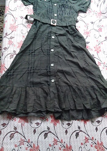 Kemerli Haki Keten Vintage Elbise - Görsel 6