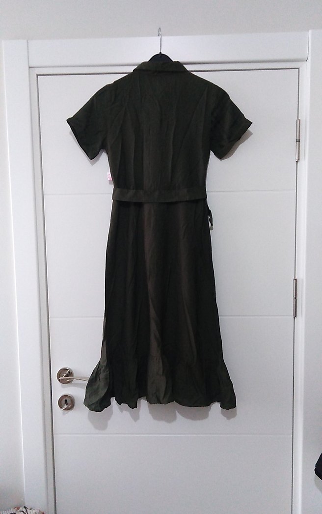 Kemerli Haki Keten Vintage Elbise - Görsel 2