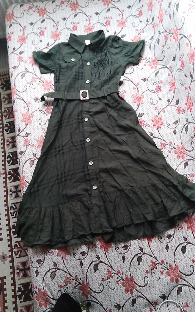 Kemerli Haki Keten Vintage Elbise - Görsel 3